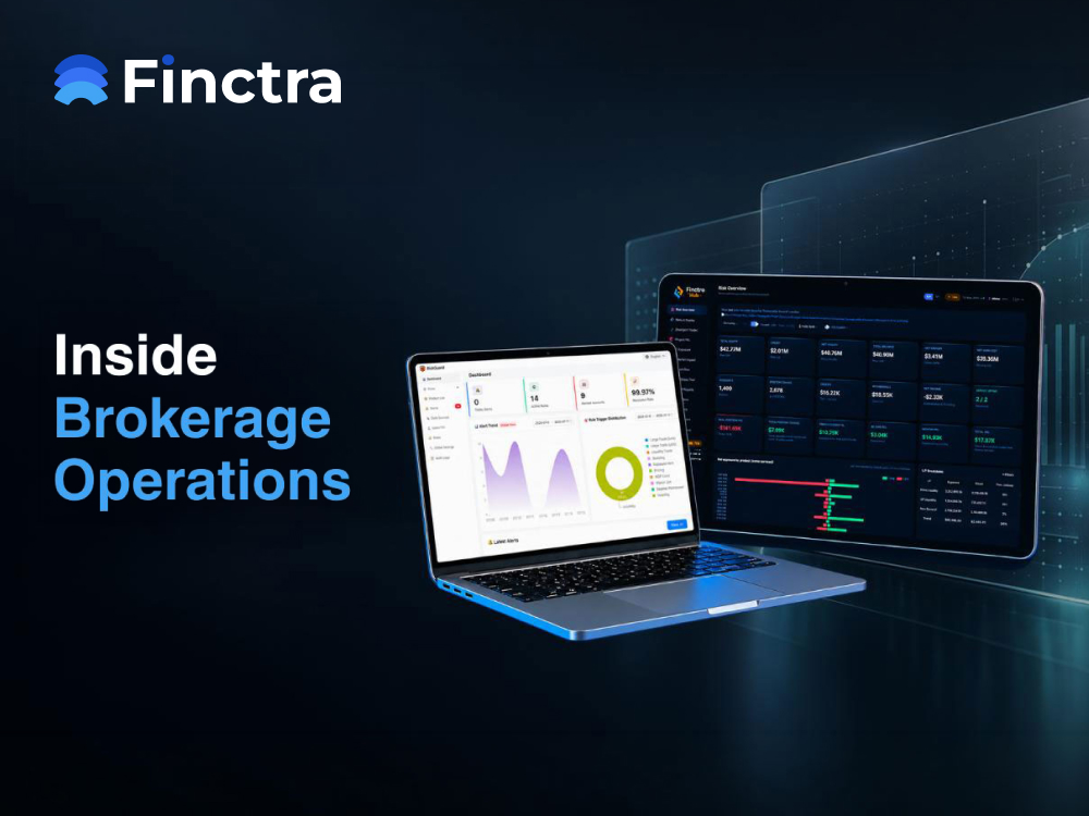 Finctra Inside Brokerage Operations graphic with a laptop dashboard and a risk overview screen